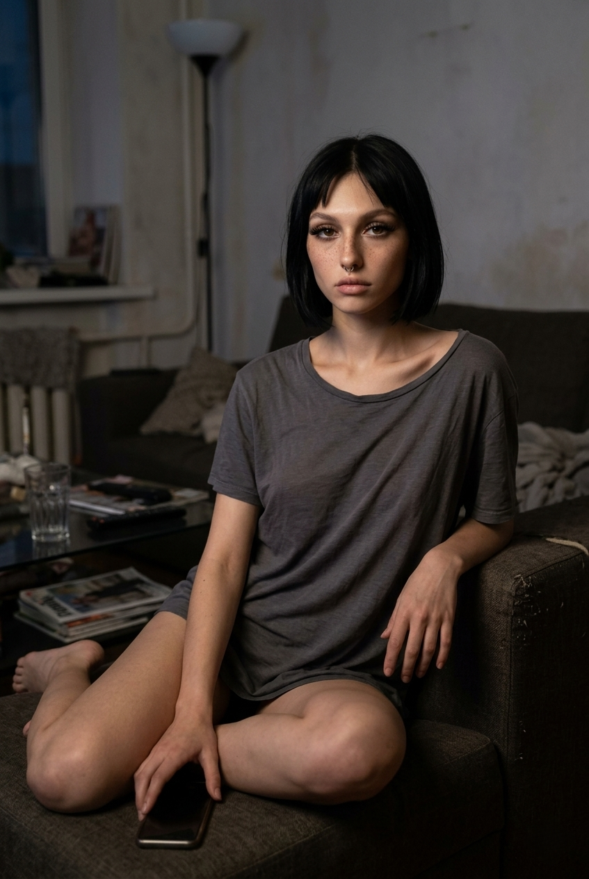 Gloria sitting on a sofa in a grey T-shirt.
