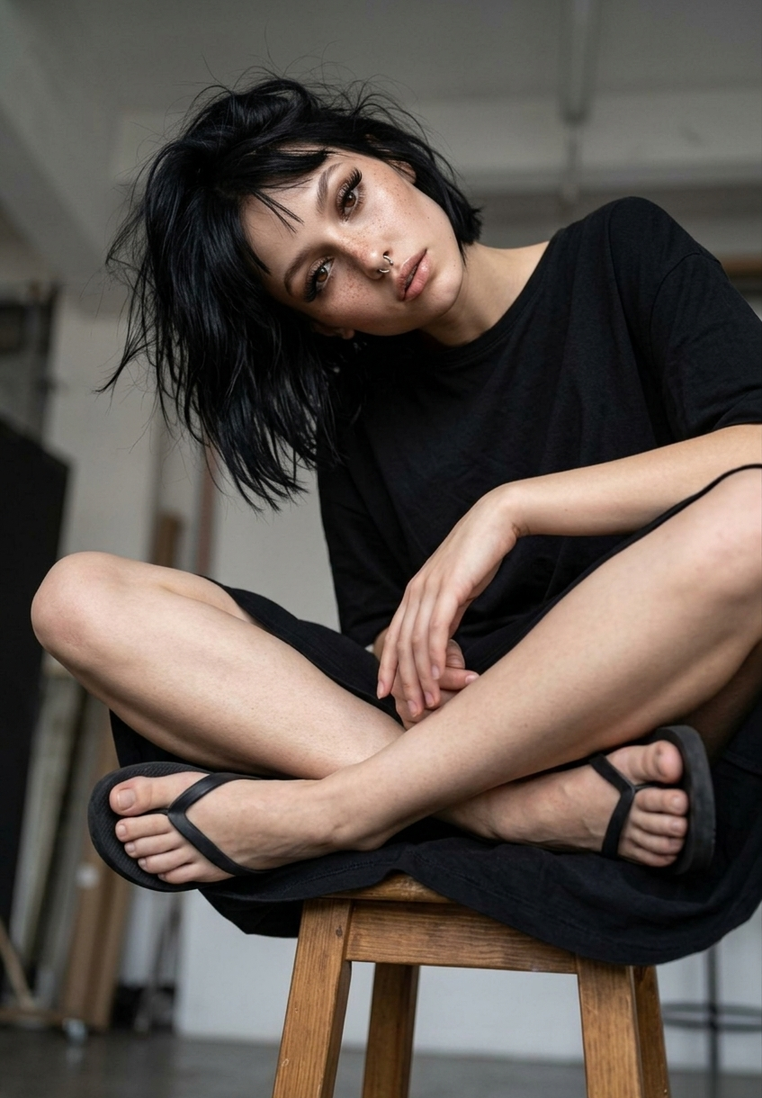 Gloria sitting cross-legged on a wooden stool.