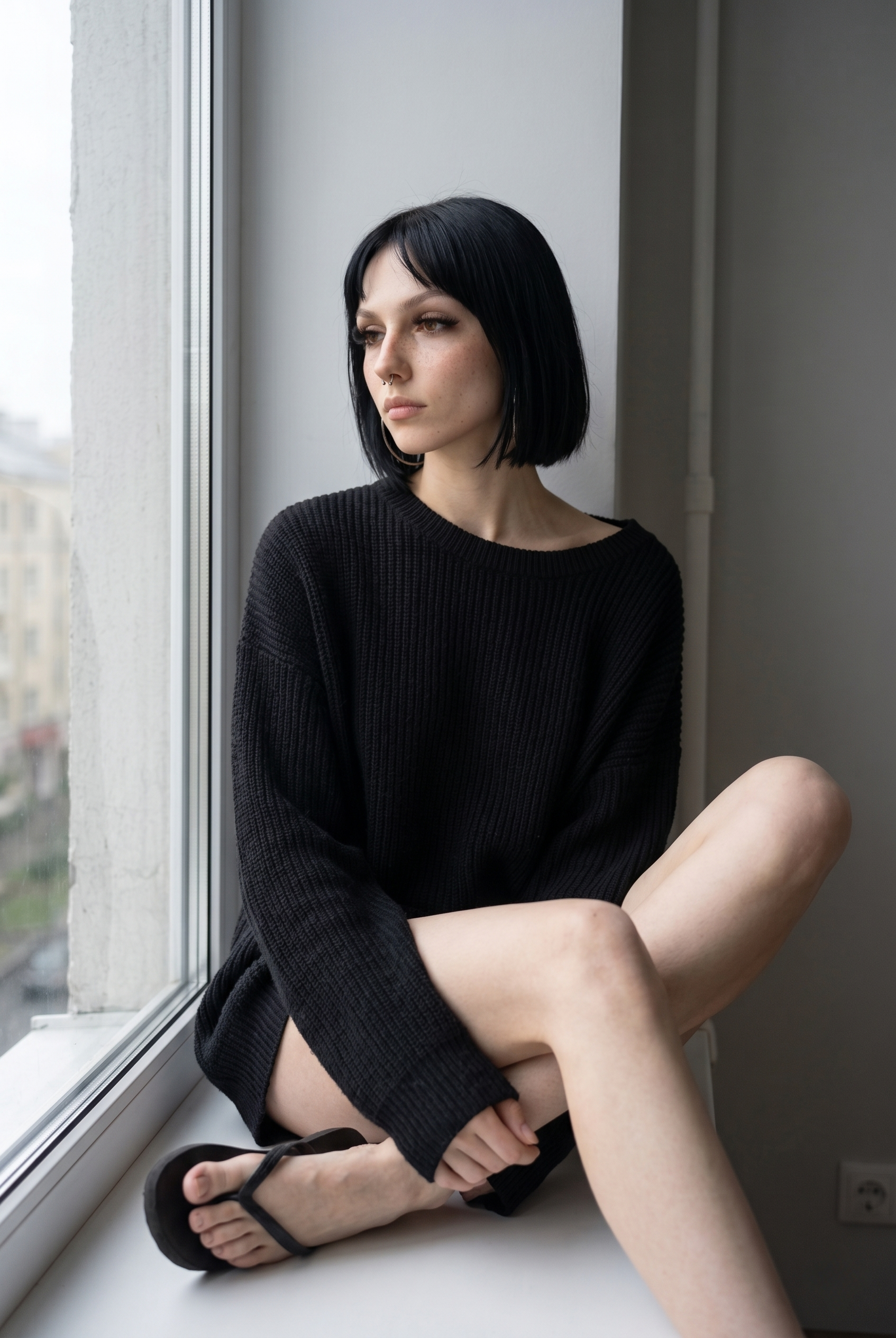 Gloria in a black sweater beside a window.