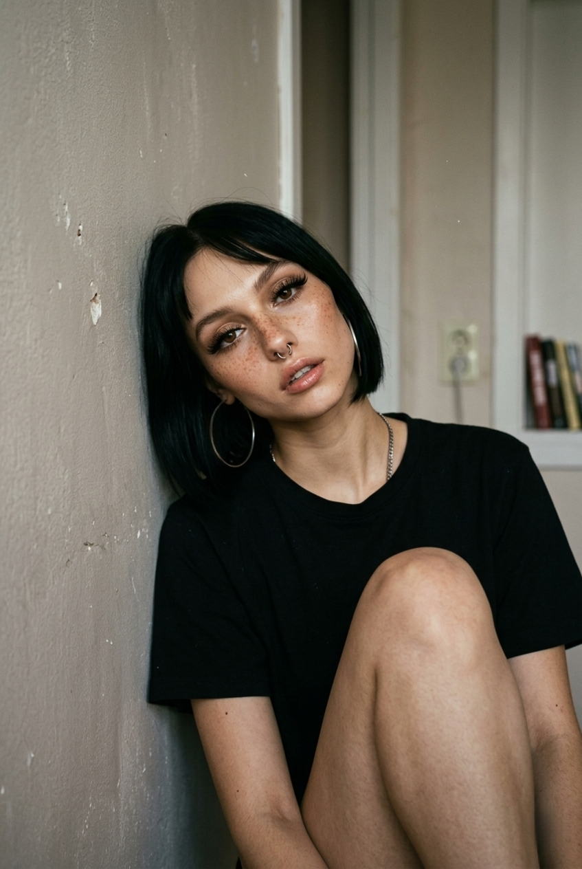 Gloria leaning against a wall in a black T-shirt.